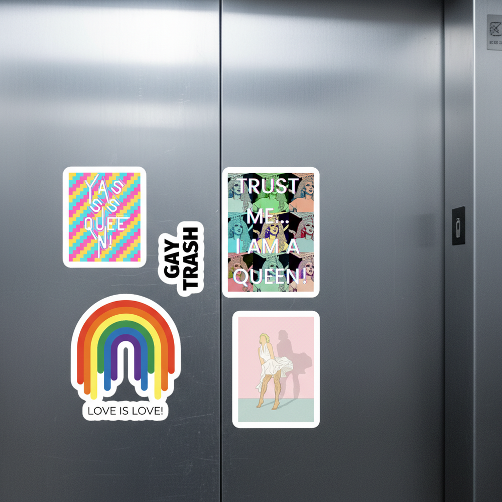 Popular Set #1 Bubble-free Stickers, five lively vinyls with rainbows, “LOVE IS LOVE!”, pastel queer icons