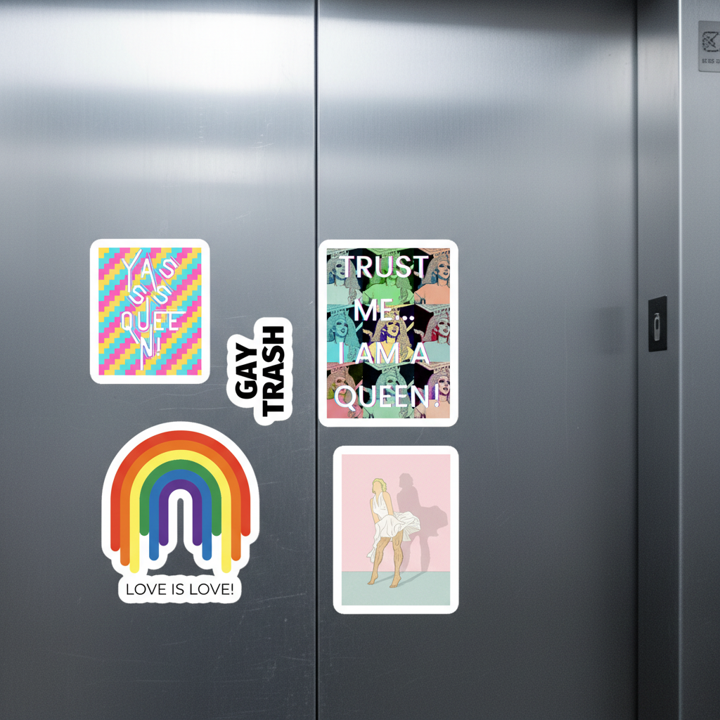 Popular Set #1 Bubble-free Stickers, five lively vinyls with rainbows, “LOVE IS LOVE!”, pastel queer icons
