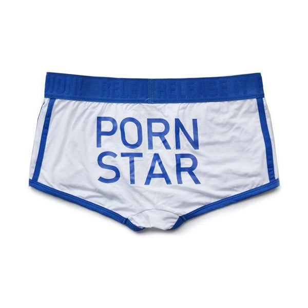 Front view of white briefs with blue trim and bold blue “PORN STAR” lettering