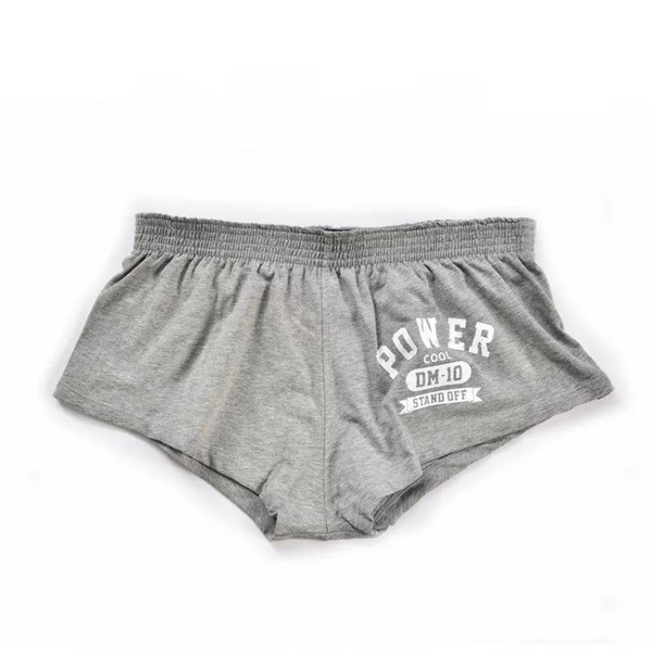 Front view of gray low-waist cotton boxers with white “POWER DM-10 STAND OFF” graphic