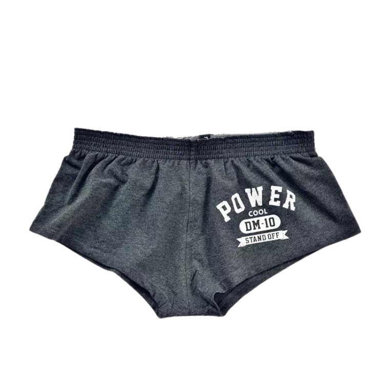 Front view of dark gray low-waist cotton boxer briefs with white POWER graphic