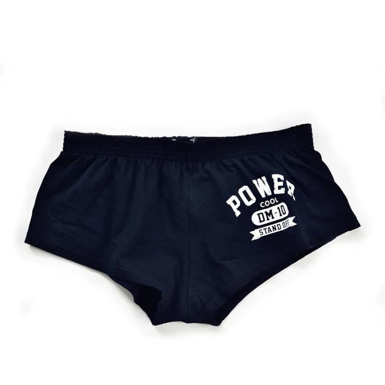 Front view of black low-waist cotton boxer briefs with a white Power graphic