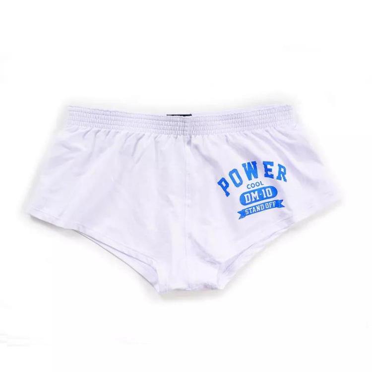 Front-facing white low-waist boxers with blue “POWER COOL DM-10 STAND OFF” print