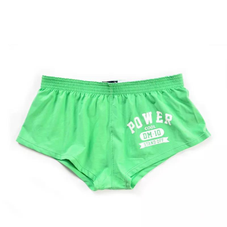 Front view of bright green low-waist cotton boxers with white POWER COOL QM-10 STAND OFF print