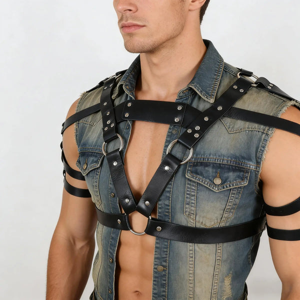 Close-up of a person wearing a black leather chest harness over a sleeveless denim vest