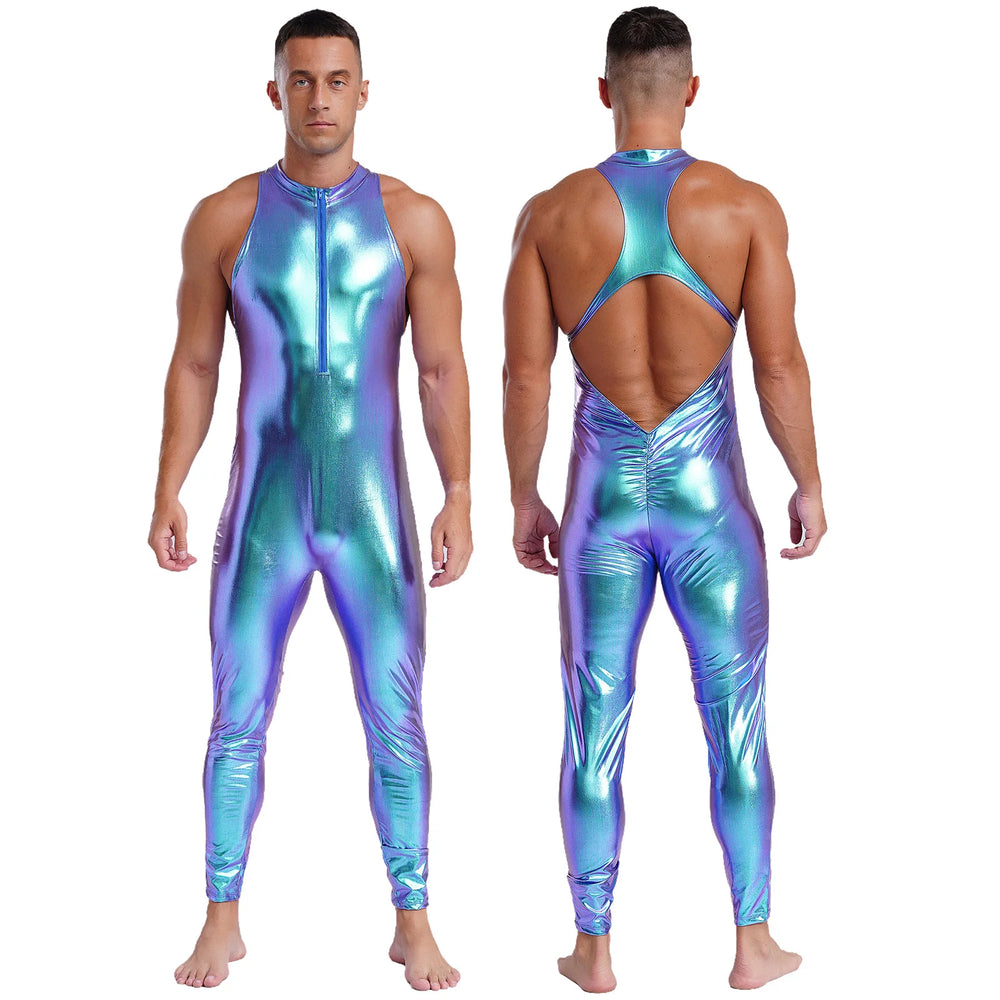 Front and back views of a person wearing a shiny iridescent sleeveless bodysuit with a front zipper and open back