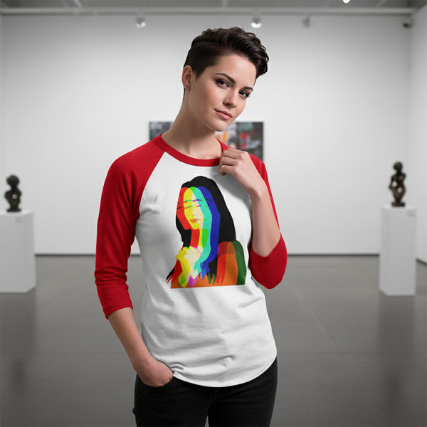 Pray The Gay To Stay 3/4 sleeve raglan shirt with a bold glitch portrait
