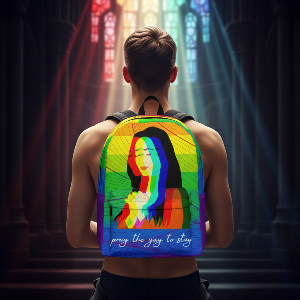 Pray The Gay To Stay Minimalist Backpack with a rainbow praying person and pray the gay to stay