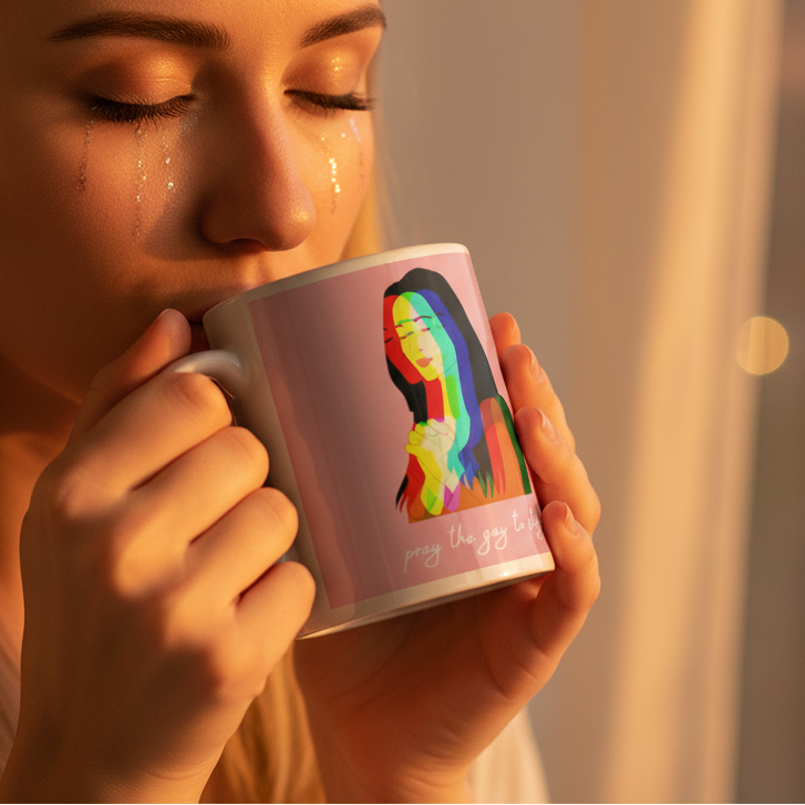 Close-up of a person holding a pink mug with a rainbow praying figure and “pray the gay to stay” text