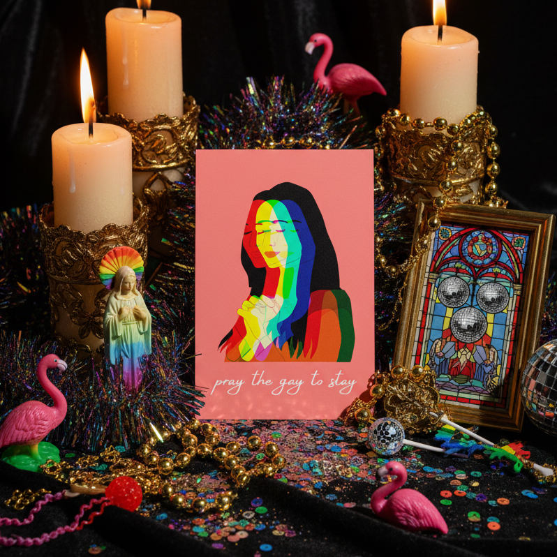 Altar scene with glitter, rainbow confetti, gold chains, candles, kitschy flamingos