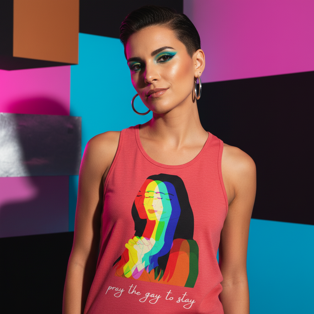 Unisex tank top with rainbow praying figure and “pray the gay to stay,” worn by short-haired queer individual