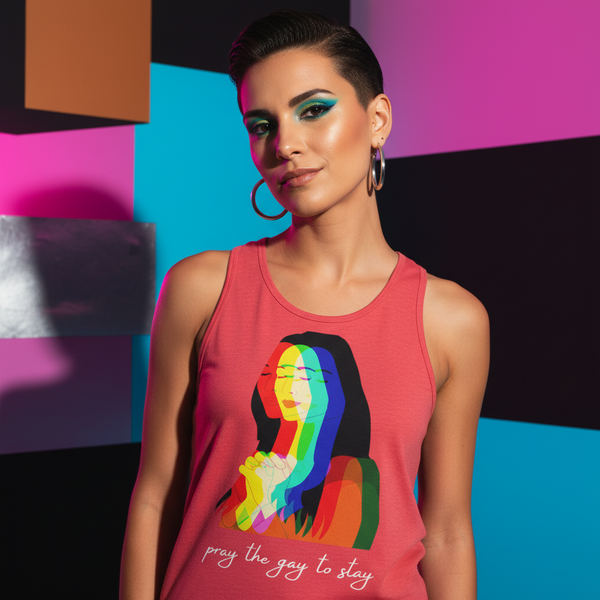 Unisex tank top with rainbow praying figure and “pray the gay to stay,” worn by short-haired queer individual