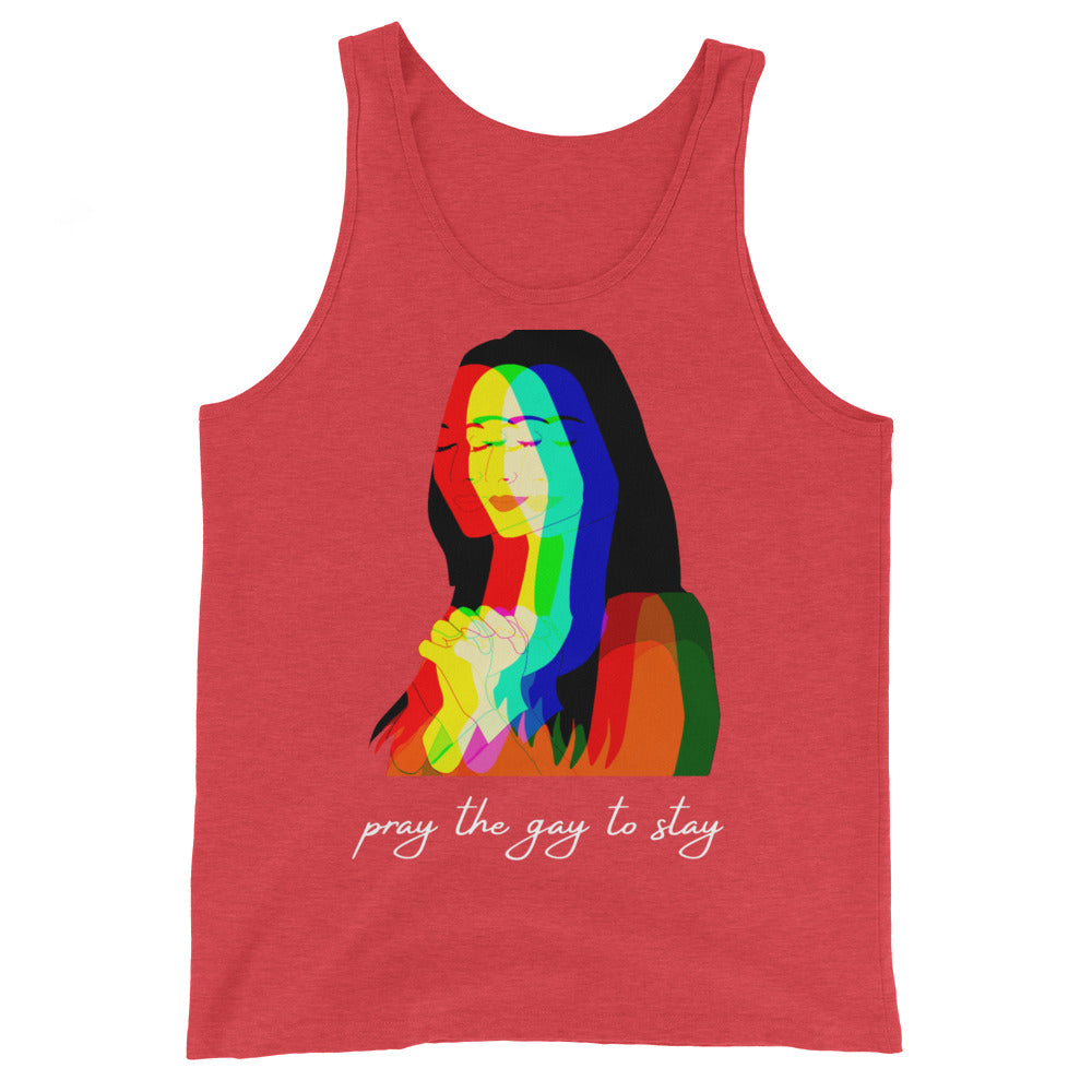 Unisex tank top with rainbow-toned art of a long-haired person praying
