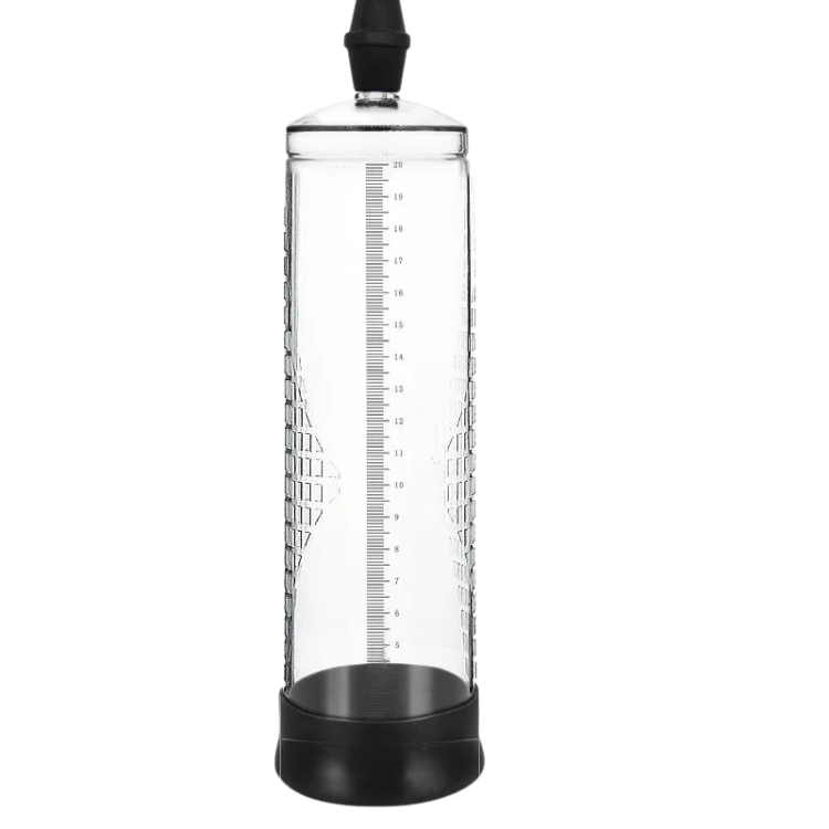 Clear penis pump cylinder with numbered measurement scale, black base, and top valve
