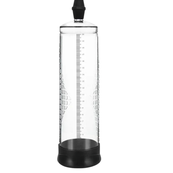 Clear penis pump cylinder with numbered measurement scale, black base, and top valve