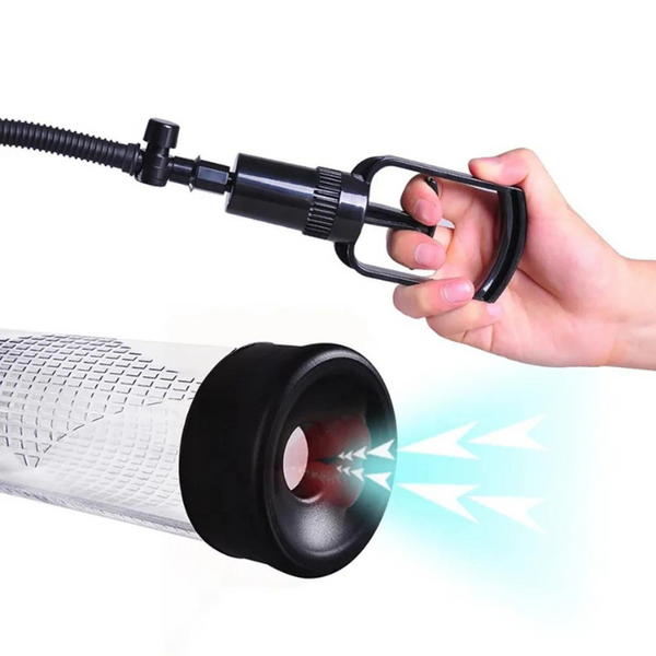 Hand holding a black vacuum pump beside a clear penis cylinder with suction arrows