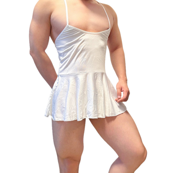 Front view of a person wearing a white satin slip dress with thin straps and a flared skirt