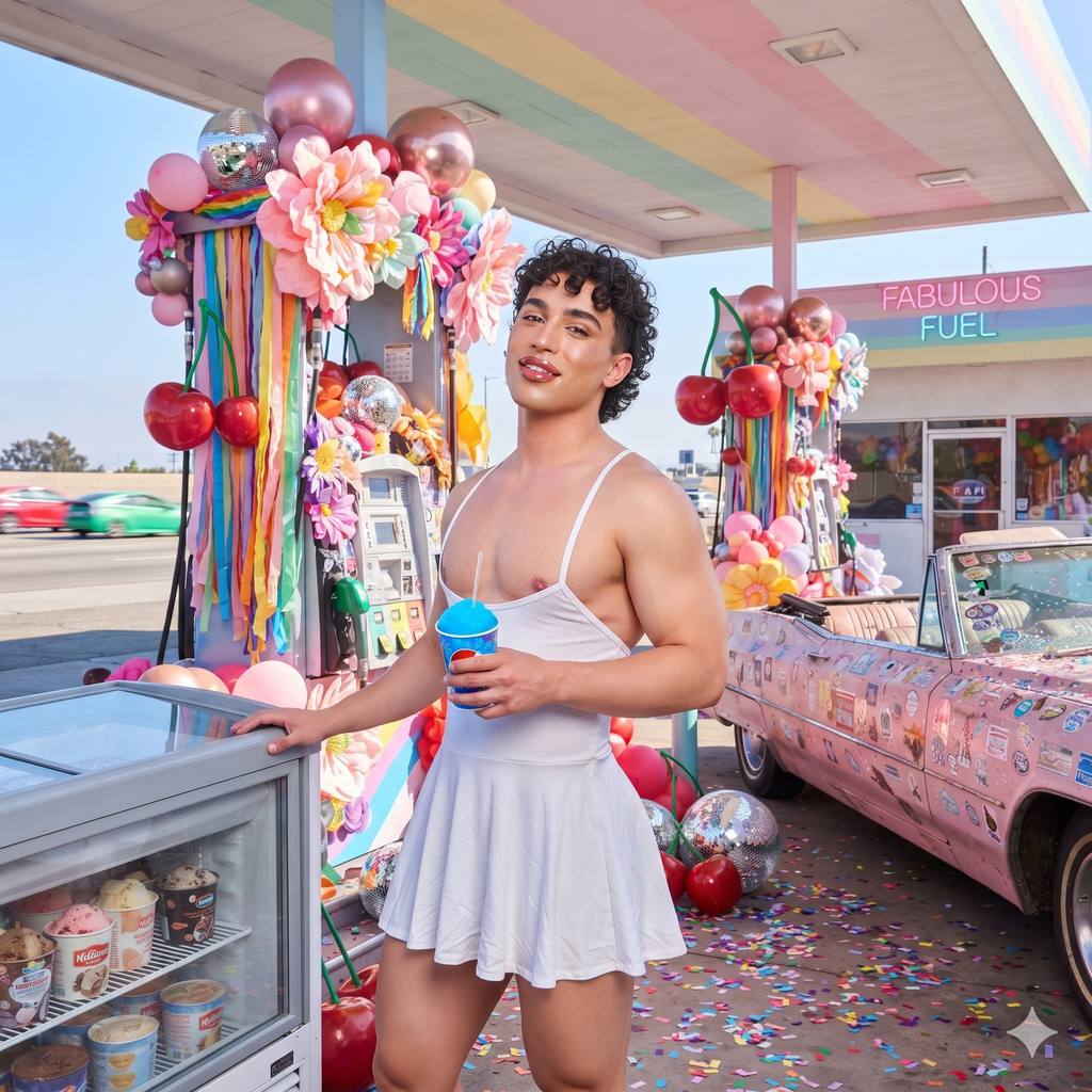 Model in a white spaghetti-strap slip dress at a colorful Pride-decorated ice cream stand
