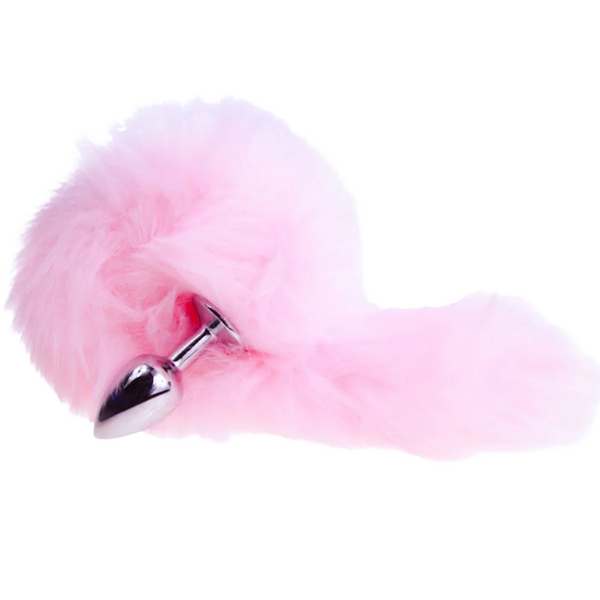 Pink fluffy plug with a shiny silver-toned base and attached tail