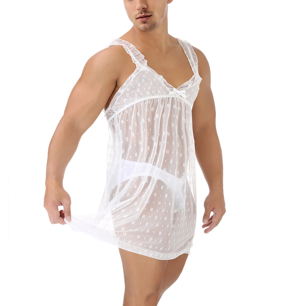 Front view of a person modeling a sheer white floral babydoll nightdress with ruffled straps