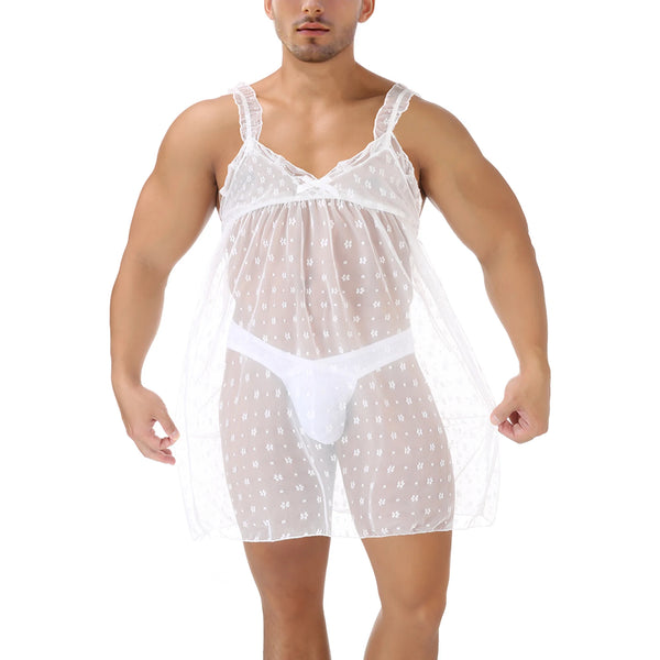 Front-view model wearing a white sheer floral babydoll nightdress over briefs