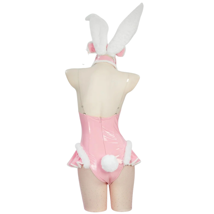 Back view of a mannequin in a pink bunny costume with white ears, tail, and fishnet stockings