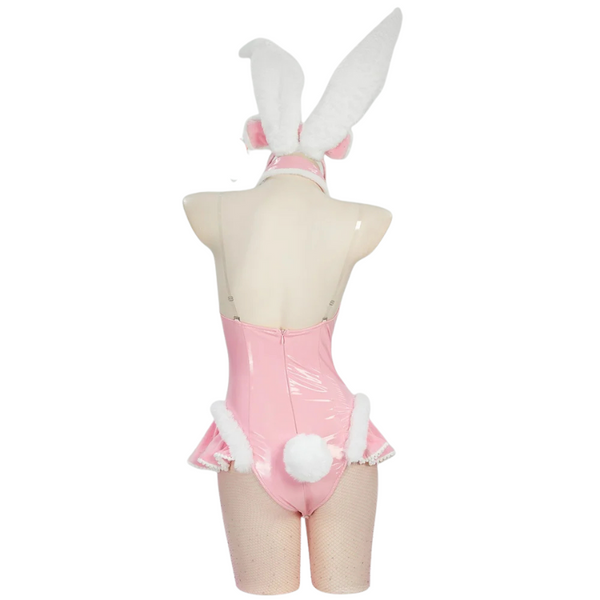 Back view of a mannequin in a pink bunny costume with white ears, tail, and fishnet stockings