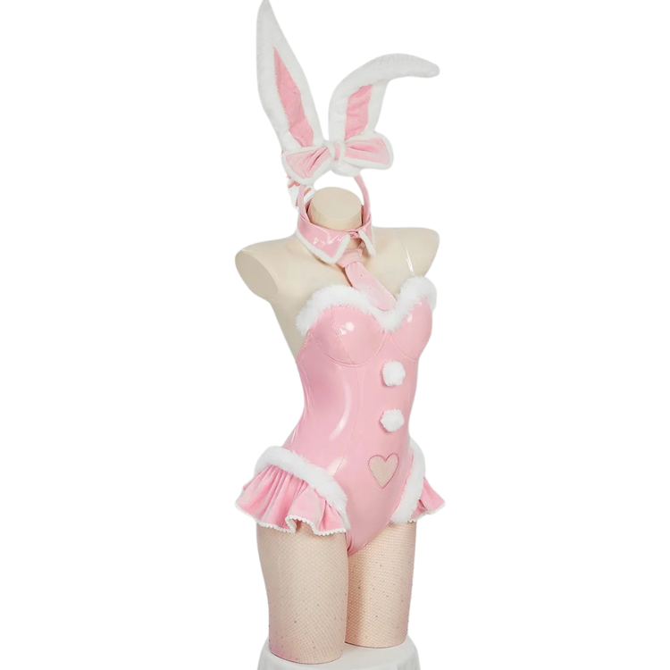 Front-view mannequin wearing a pink bunny costume with white trim, ruffles, ears, and fishnet stockings