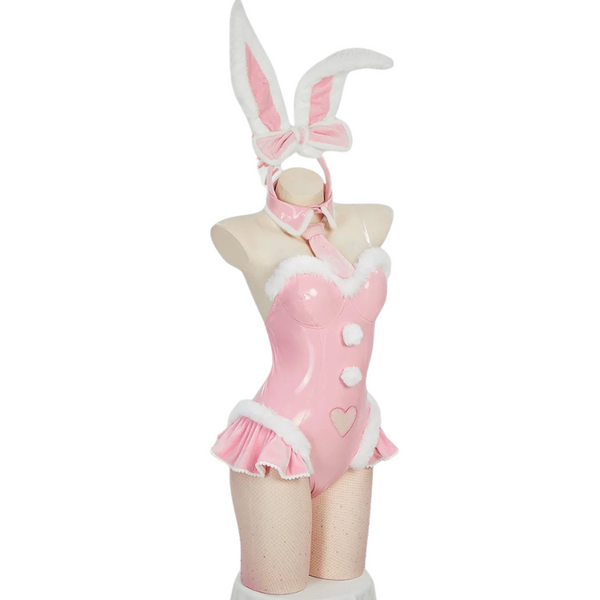 Front-view mannequin wearing a pink bunny costume with white trim, ruffles, ears, and fishnet stockings