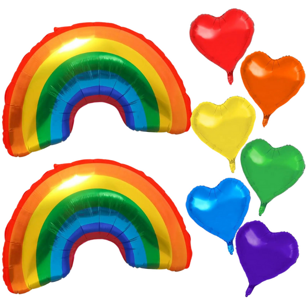 Two rainbow-arc foil balloons with six colorful heart-shaped balloons on a white background