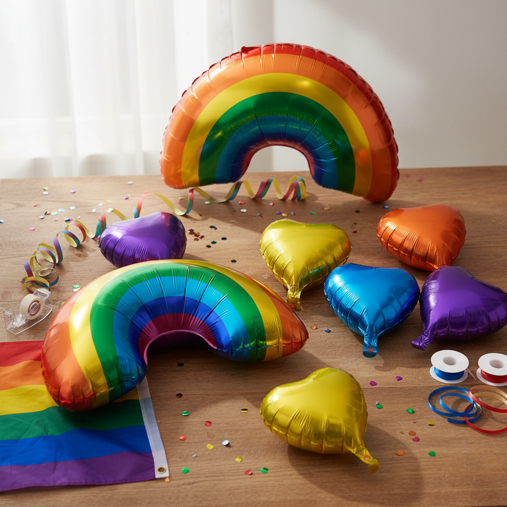 Pride party balloon set with rainbow and heart-shaped foil balloons, bold Pride flag, curling ribbons, spools