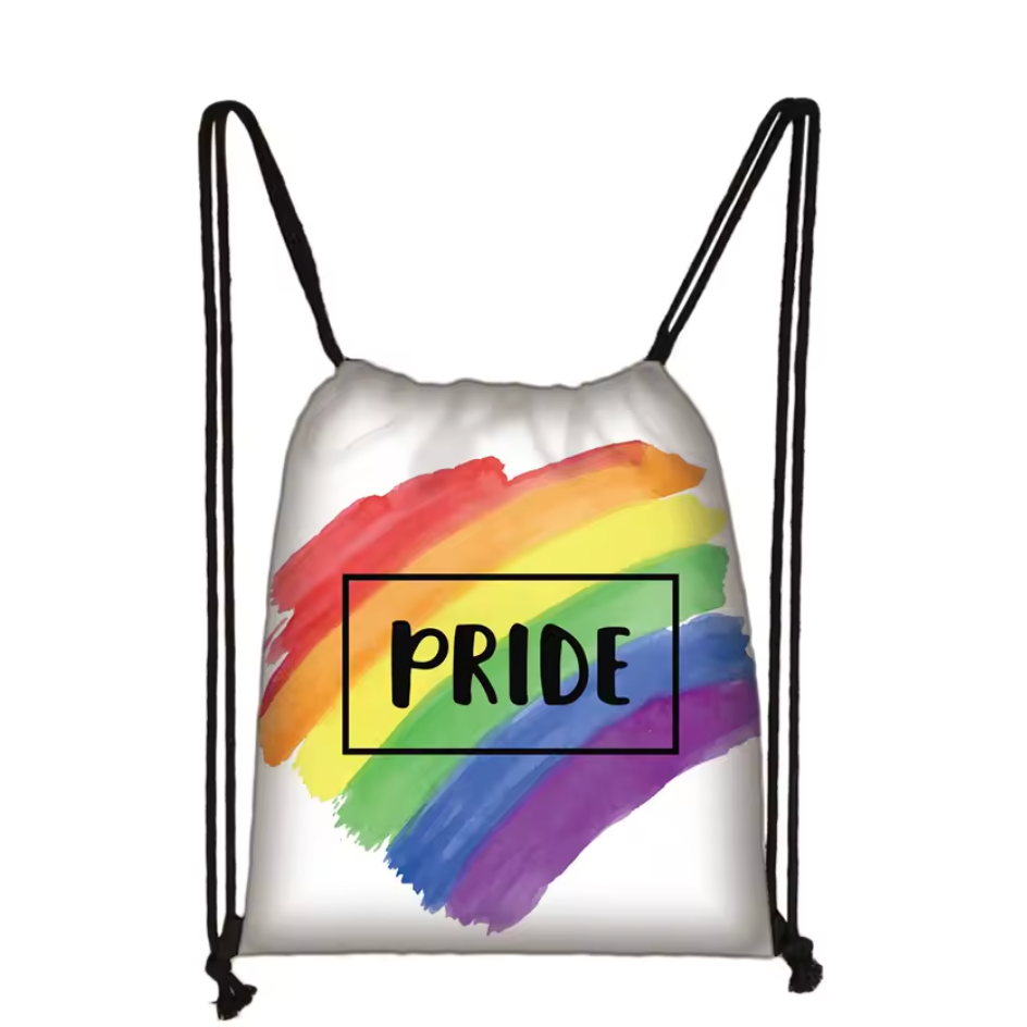 White Pride drawstring bag with rainbow brushstroke stripes and boxed “PRIDE” text