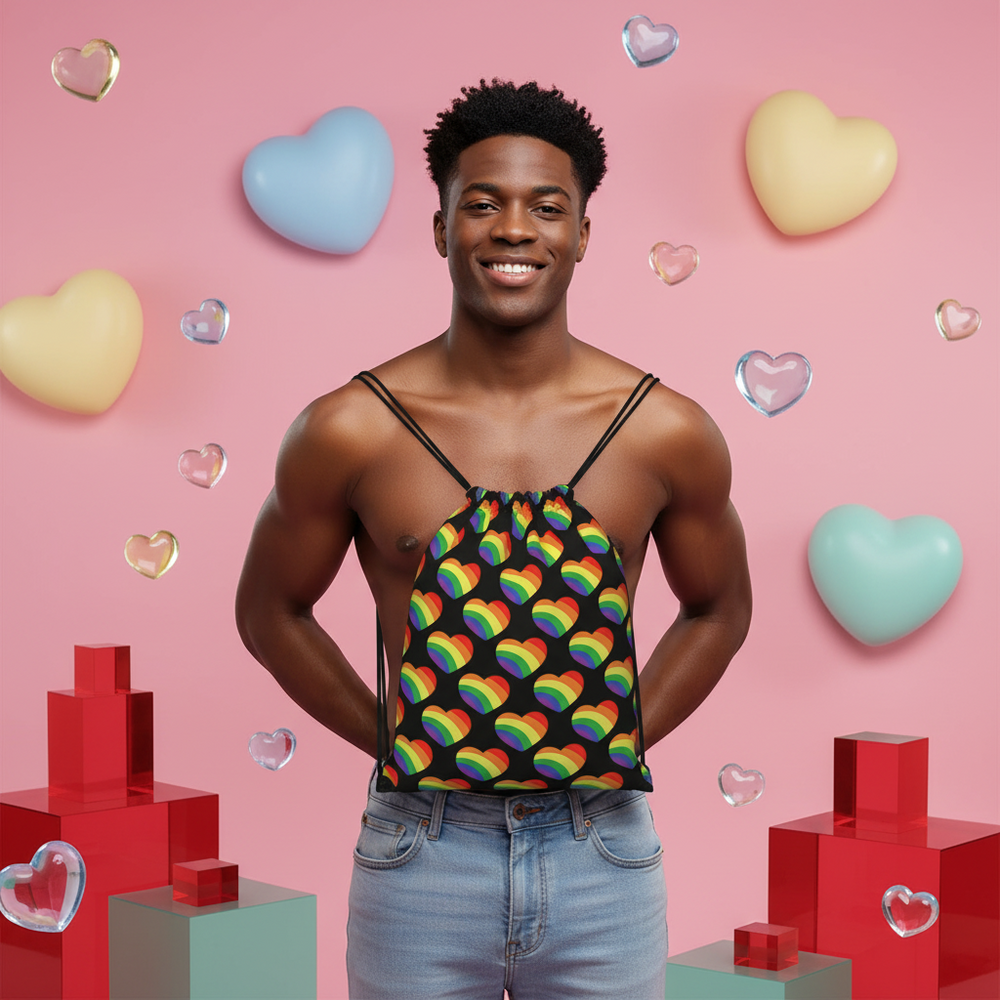 Pride Hearts Drawstring Bag, worn as a top by a smiling person in light jeans