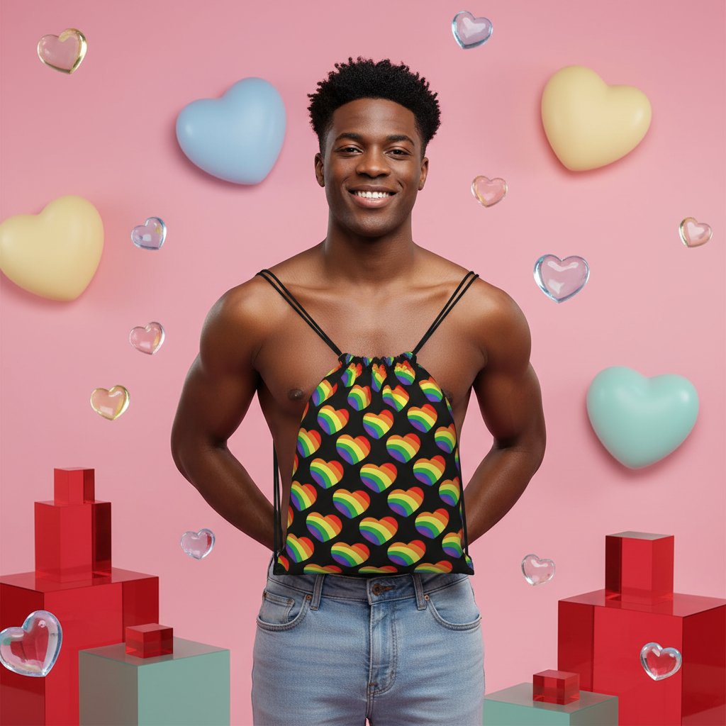 Pride Hearts Drawstring Bag, worn as a top by a smiling person in light jeans