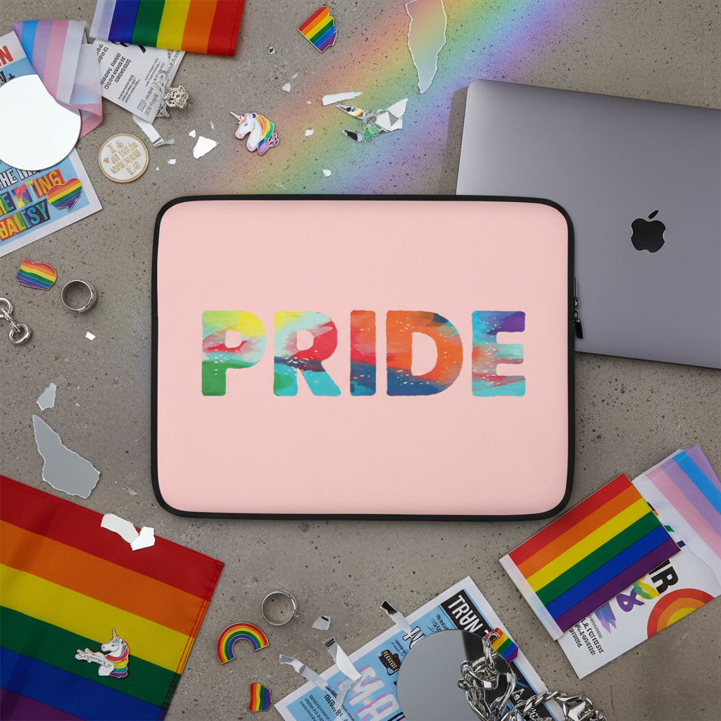 Pink Pride laptop sleeve with “PRIDE” in rainbow letters, shown on gray surface with rainbow flags, unicorn stickers, rings