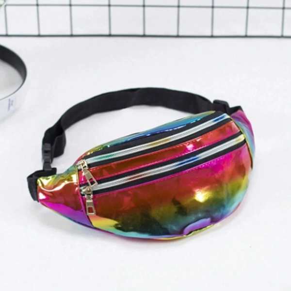 Pride Laser Fanny Pack: rainbow-reflective waist bag with black strap and two front zips.