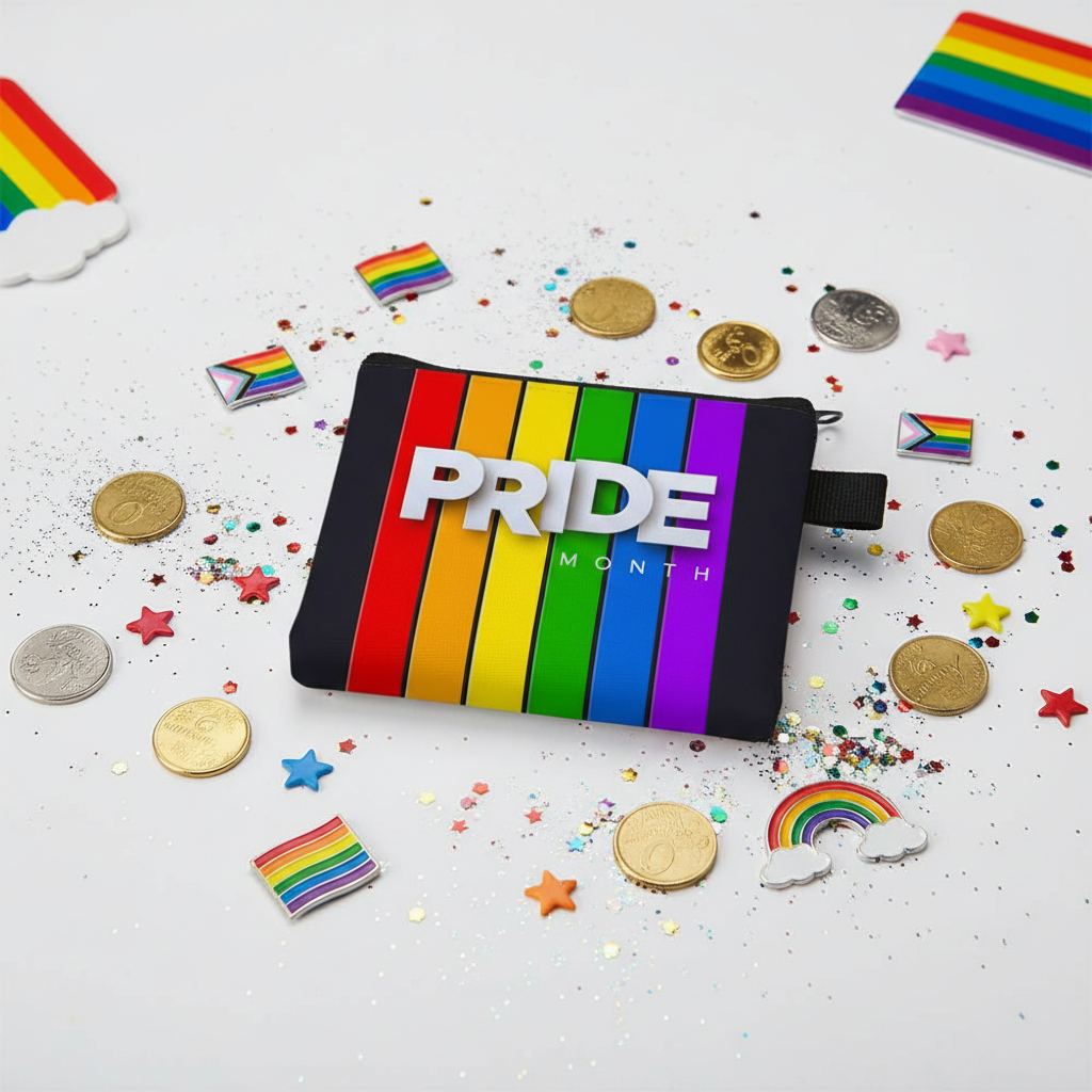 Rainbow-striped coin wallet with bold white "PRIDE MONTH" text, surrounded by coins, stickers, clouds, glitter, stars