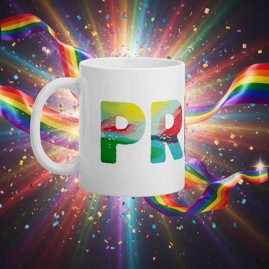 Pride Mug featuring bold P and R letters with a rainbow gradient, surrounded by festive ribbons and confetti
