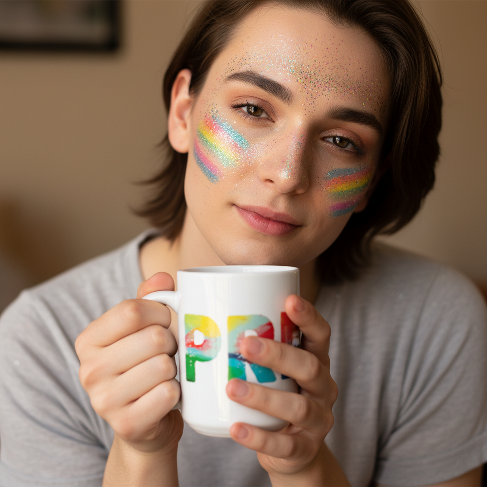 Person with rainbow glittered cheeks holds a PRIDE mug, showcasing vibrant LGBTQ+ pride