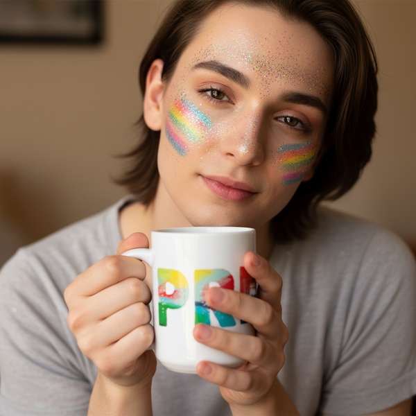 Person with rainbow glittered cheeks holds a PRIDE mug, showcasing vibrant LGBTQ+ pride