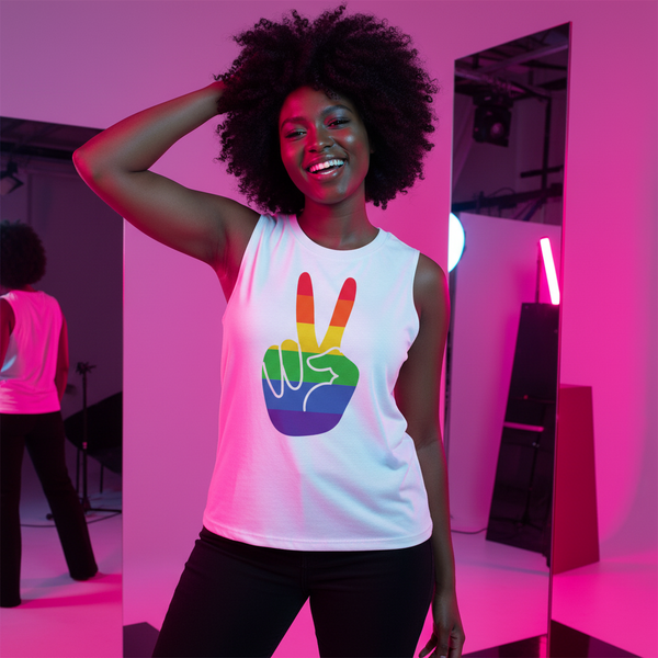 White unisex Pride Muscle Top with a rainbow peace sign, worn by a smiling person posing in pink-purple lit studio