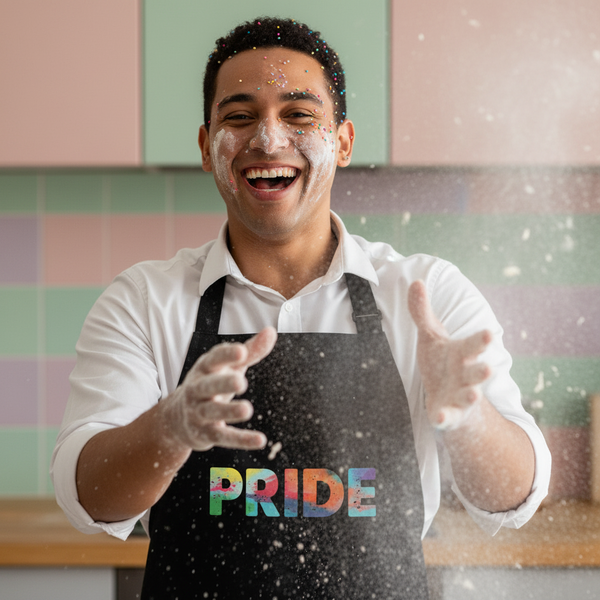 Smiling person tossing flour while wearing a black apron reading “PRIDE” in rainbow letters
