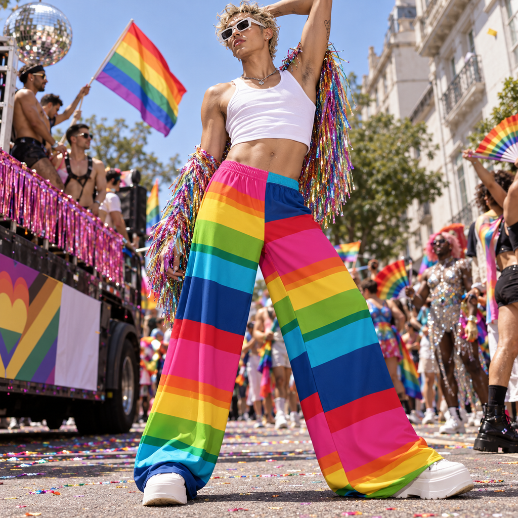 Model wearing rainbow-striped palazzo pants at a Pride parade