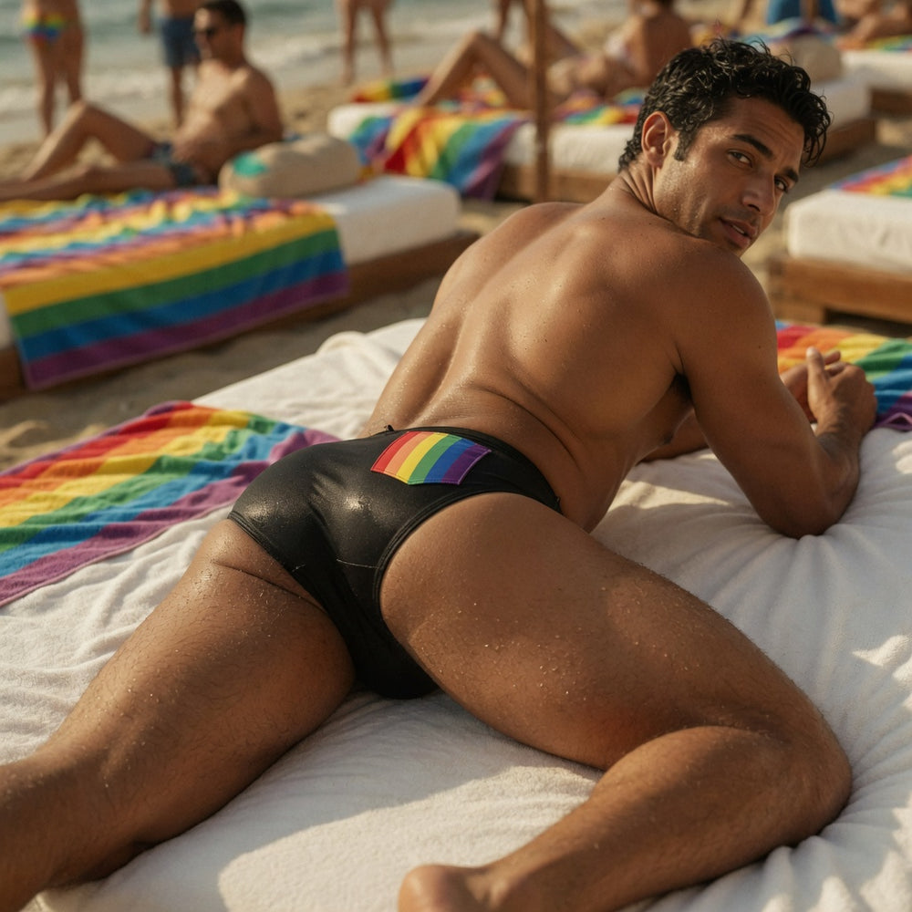 Rear view of a model wearing black Pride swim briefs with a rainbow flag patch at a pool