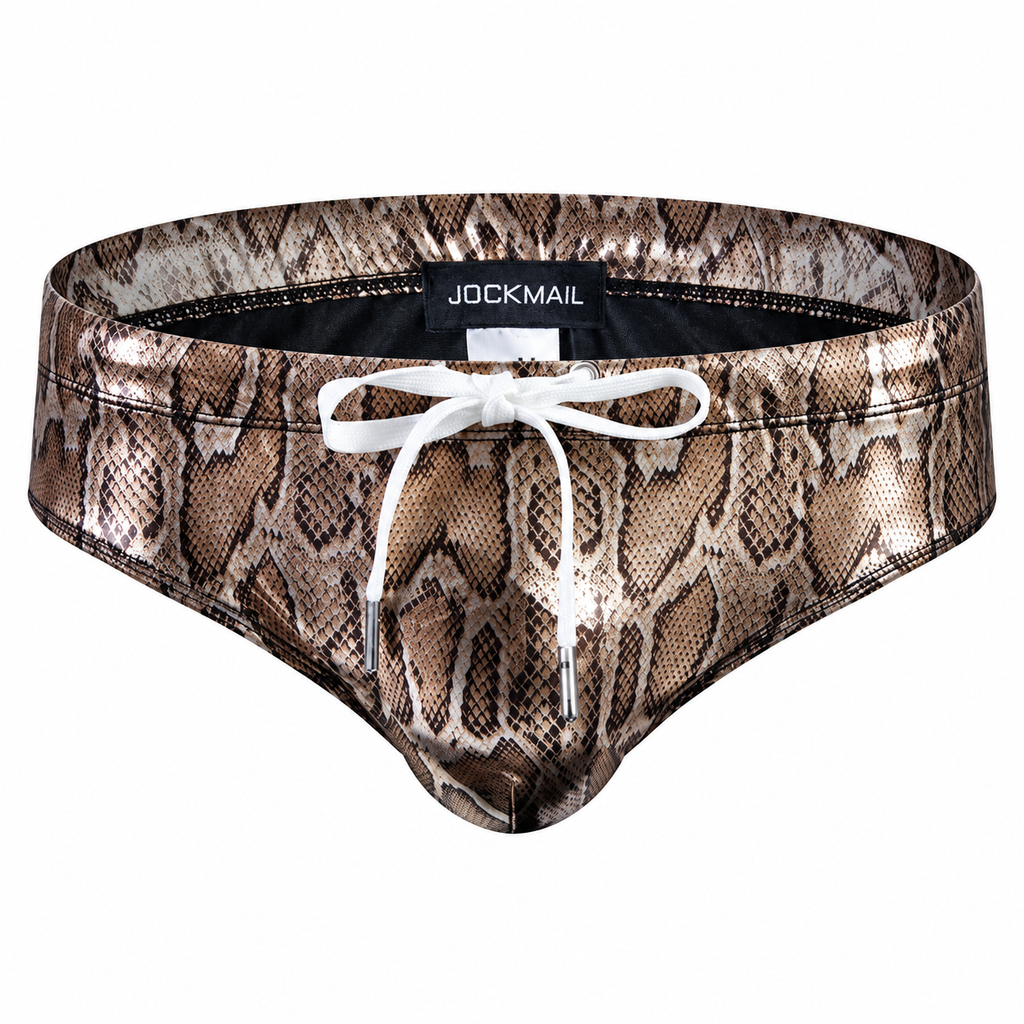 Front view of snake-print swim briefs with a white drawstring and black JOCKMAIL label