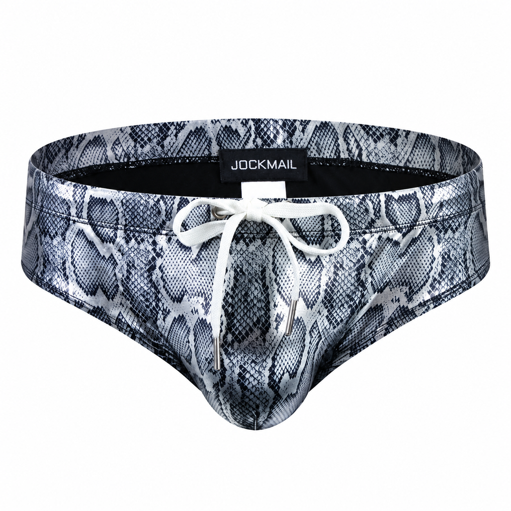 Front view of gray and black snakeskin-print swim briefs with a white drawstring