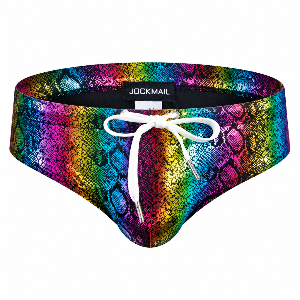 Front view of rainbow snakeskin-print swim briefs with a white drawstring