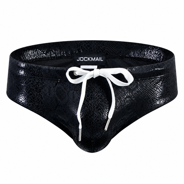 Front view of glossy black swim briefs with a white drawstring and textured finish