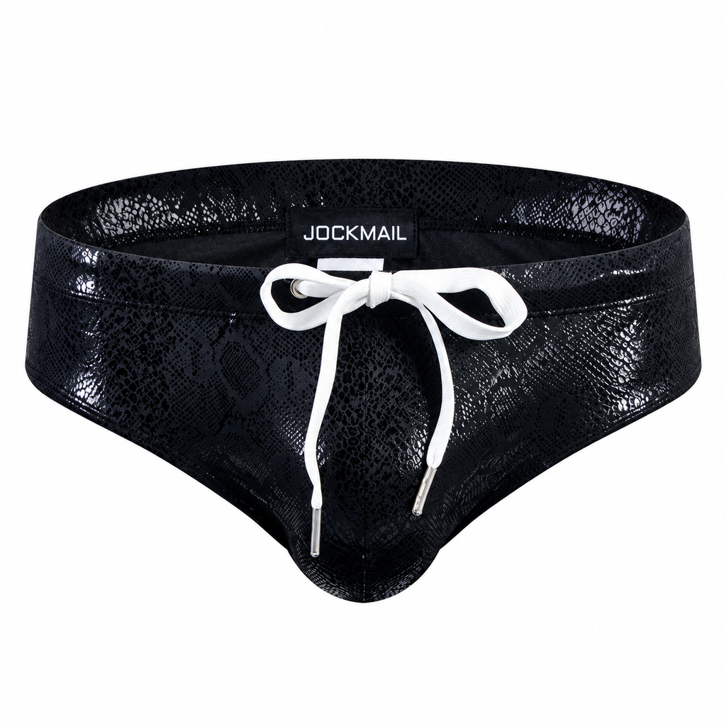 Front view of glossy black swim briefs with a white drawstring and textured finish