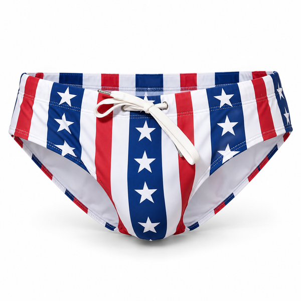 Star Spangled swim briefs with the pattern and drawstring, displayed alone on a white background.